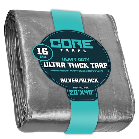 Core Tarps Heavy Duty Tarp, 40 ft L x 0.5 mm H x 20 ft W, 16 Mil, Silver/Black, Polyethylene CT-301-20X40